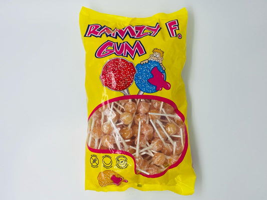 Sucette acidulée avec chewing-gum Pêche Ramzy 06/2027 Numéro de lot : L240624003 ( à l’unité )