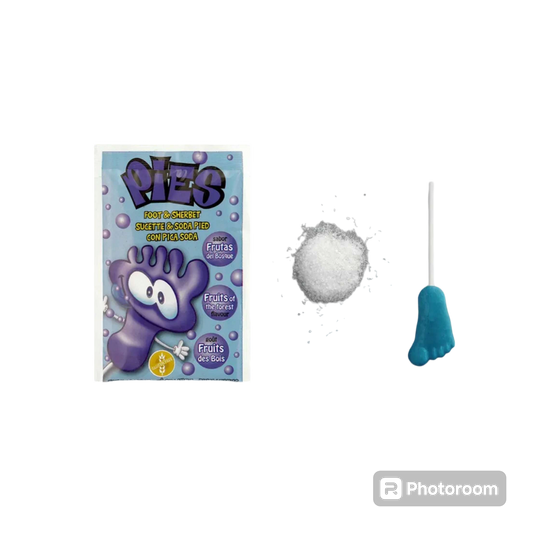 Sucettes en forme de pied avec poudre fruits des bois 11/2027 numéro de lot : L241112122 (à l'unité)